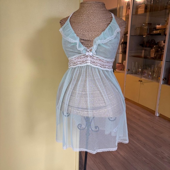 Betsey Johnson Aqua Blue Babydoll Lingerie Lace Trim Ruffle‎ Halter Y2K - Picture 7 of 12